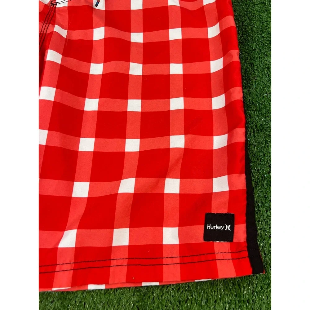 Hurley Mens Red White Gingham Board Shorts Size 36 MBO3CHK Surf Swim Trunks